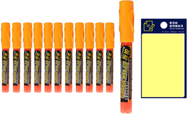 동아 블랙보드마카 12p + 투코비 스티키 메모패드 세트, 형광주황(보드마카), 노랑(포스트인), 1세트