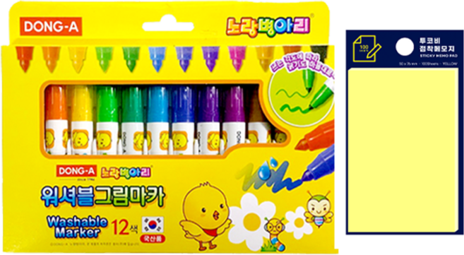 동아 워셔블마카 노랑병아리 12종 + 투코비 스티키 메모패드 세트, 혼합색상(워셔블마카), 노랑(포스트인), 1세트