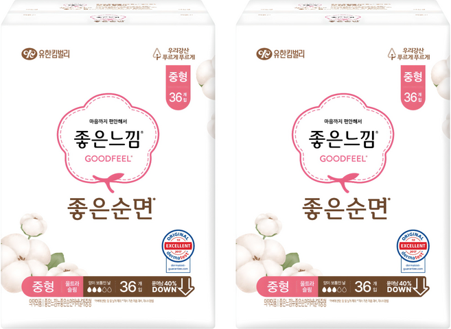 좋은느낌 좋은순면 생리대 날개형, 중형, 36개입, 2개