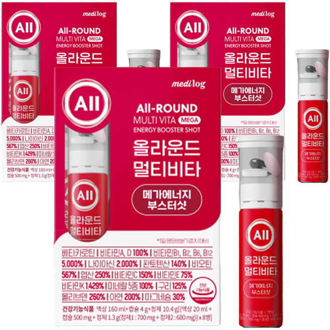 올라운드 멀티비타 메가에너지 부스터샷 마시는 이뮨 액상, 8회분, 3개