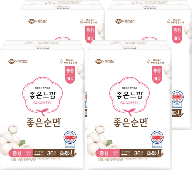 좋은느낌 좋은순면 생리대 날개형, 중형, 36개입, 4개