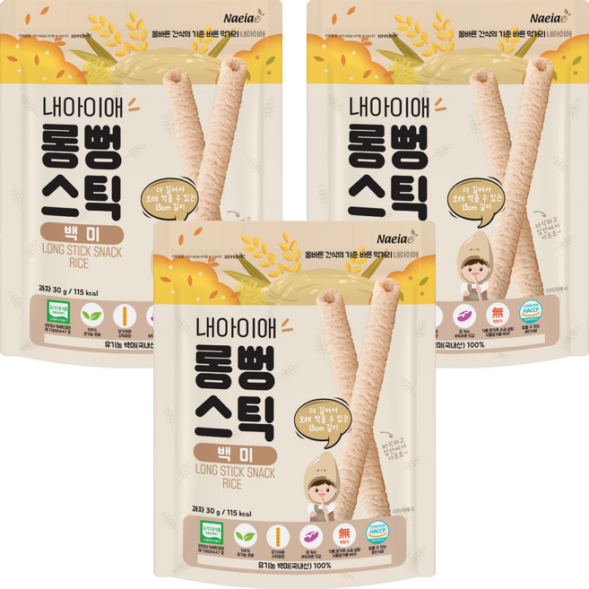 Naeiae 米棒 無添加韓國米餅 無麩質 無防腐劑 無色素, 原味, 30g, 3包