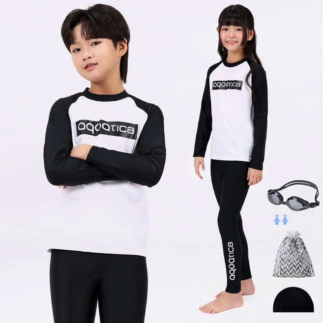 아쿠아티카 남아용 래쉬가드상하의 + 스판수모 + 비닐백 + 실리콘귀마개 + 수경 일반용수경 세트 AQA341