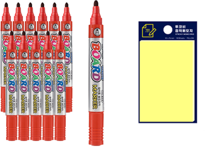 문화 보드마카 12p + 투코비 스티키 메모패드, 적색(보드마카),노랑(포스트인), 1세트