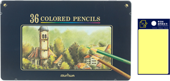 문화연필 색연필 틴 케이스 36색 + 투코비 스티키 메모패드 세트, 노랑(포스트인), 1세트