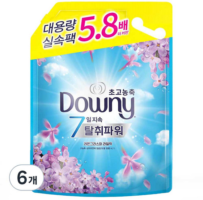 다우니 탈취파워 고농축 섬유유연제 레몬그라스와 라일락 리필, 4.1L, 6개