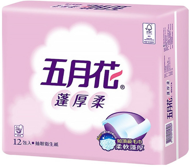 五月花 蓬厚柔頂級抽取衛生紙 100張, 12包, 1袋