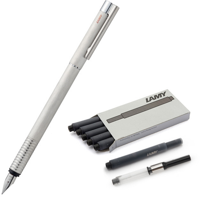 라미 만년필 로고 실속세트 브러시드 스틸, EF, 실버(만년필), 블랙(카트리지)