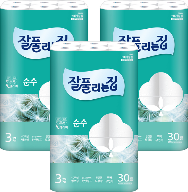 잘풀리는집 3겹 순수 천연펄프 고급롤화장지, 28m, 30개입, 3개