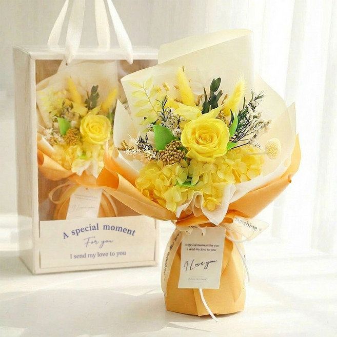 뷰티풀데코센스 생화 프리저브드 꽃다발 + 쇼핑백, 옐로우, 21.5 x 37 cm