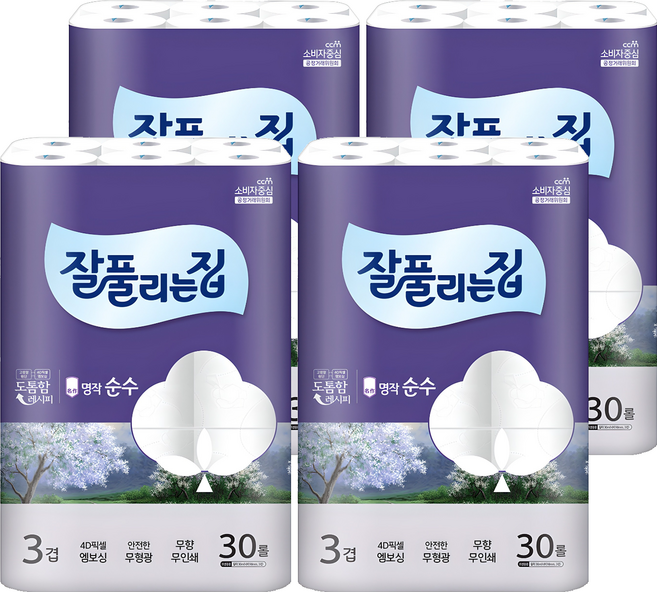 잘풀리는집 명작 순수 3겹 롤화장지, 30m, 30개입, 4개
