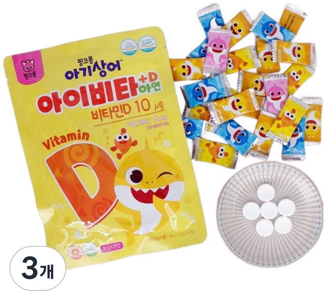 태양생활건강 핑크퐁 아기상어 아이비타+D 아연 48g, 40정, 3개
