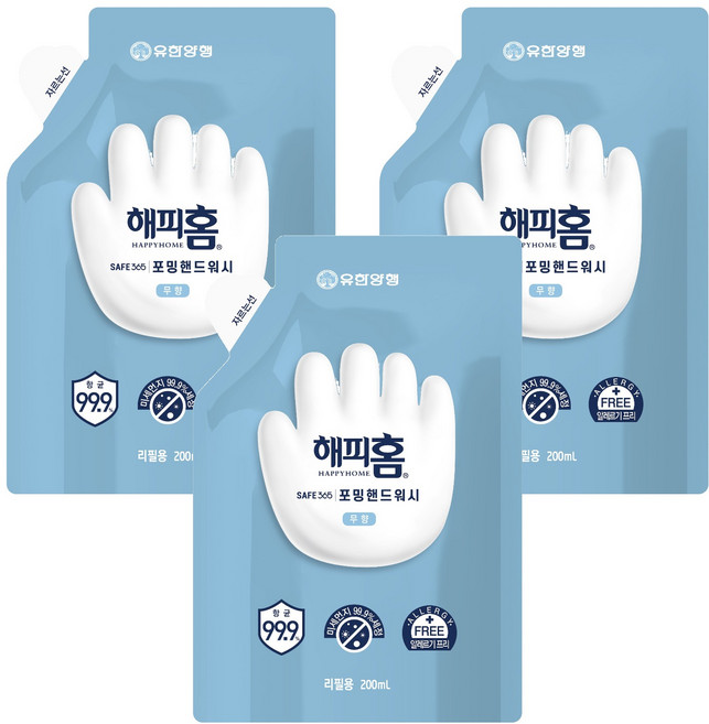 해피홈 SAFE365 포밍 핸드워시 무향 리필, 200ml, 3개