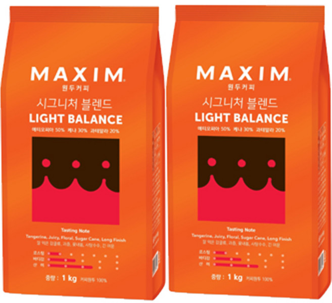 맥심 시그니처 블렌드 라이트 밸런스 원두 커피, 1kg, 1개입, 2개