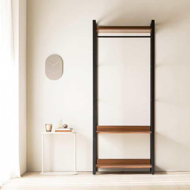 웰퍼니쳐 카이 드레스룸 철제 시스템 행거 1단 방문설치, 블랙 + 내추럴월넛