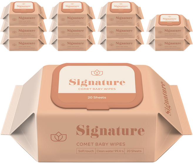 코멧 저자극 시그니처 아기물티슈 엠보싱 휴대용 캡형 더마테스트 인증, 55g, 20매, 12개