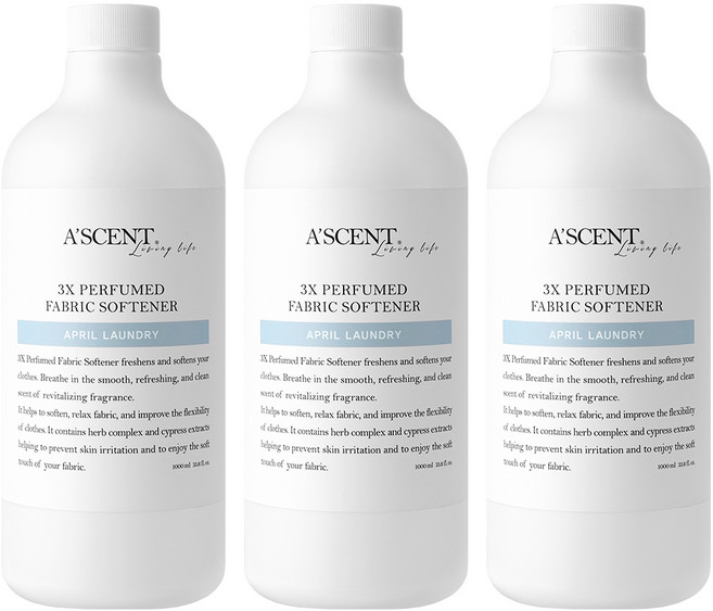 에이센트 퍼퓸드 섬유유연제 에이프릴런더리 본품, 3개, 1L