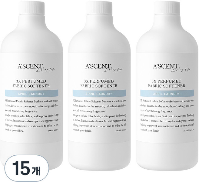 에이센트 퍼퓸드 섬유유연제 에이프릴런더리 본품, 15개, 1L