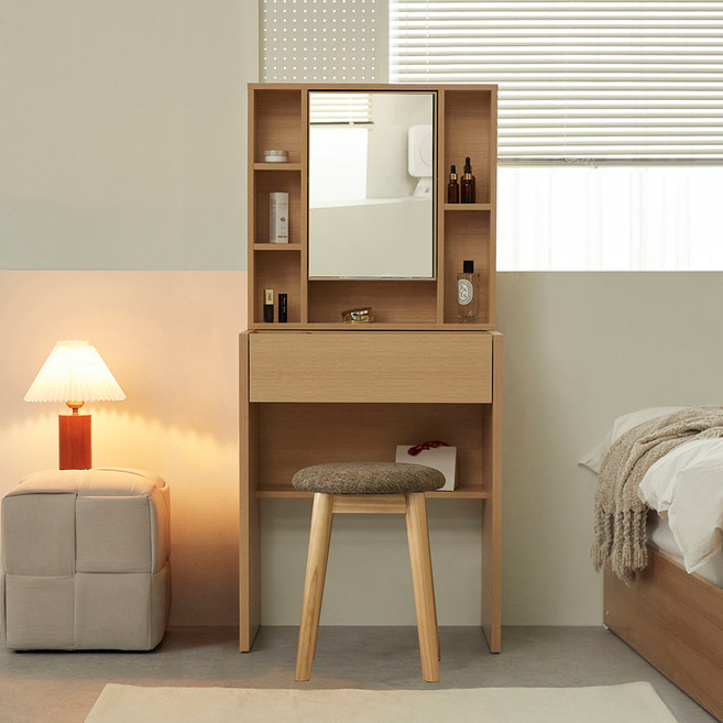 파로마 에일리 수납 화장대 600 + 원목쿠션의자 세트 방문설치, 오크(화장대), 트위드브라운(스툴)