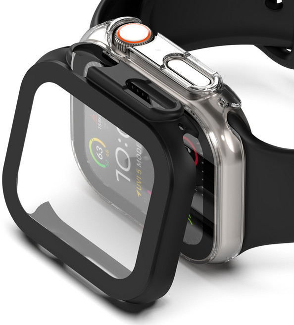 누아트 애플워치 풀커버 강화유리 하드케이스 2개입, 블랙, 클리어