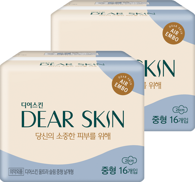 디어스킨 에어엠보 울트라 슬림 생리대 날개형, 중형, 16개입, 2세트