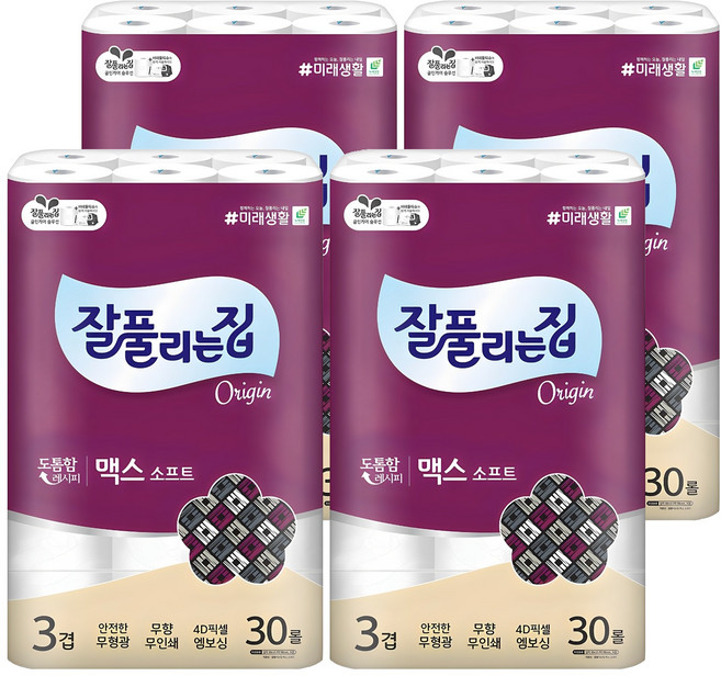 잘풀리는집 맥스 소프트 3겹 롤화장지, 30m, 30롤, 4개