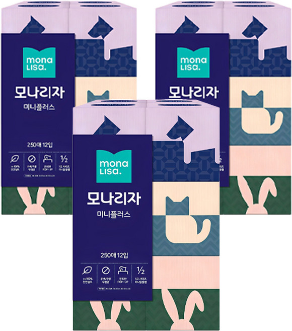 모나리자 미니플러스 천연펄프 미용티슈 2겹, 250매, 36개