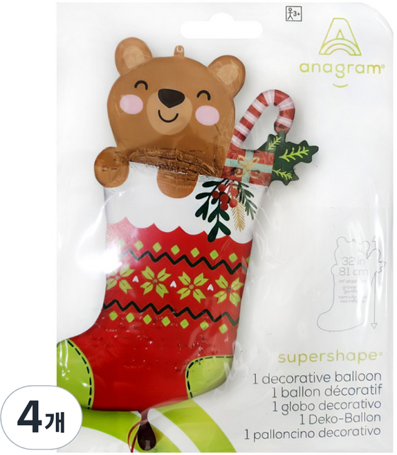 아나그램 은박풍선 베어리 크리스마스 스타킹 슈퍼쉐입, 혼합색상, 4개