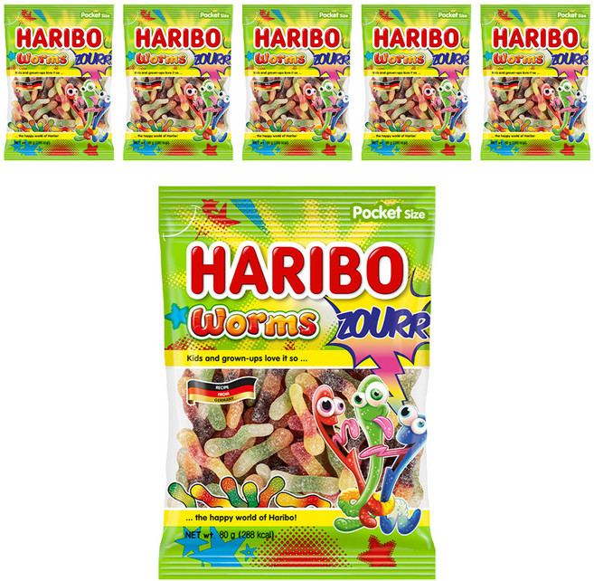 하리보 웜즈 사우어 젤리, 80g, 6개