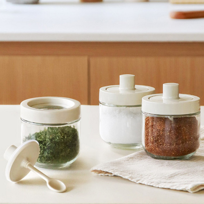 네이쳐리빙 스푼이 있어 편리한 유리 양념통3P, 3개, 양념통 + 라벨스티커