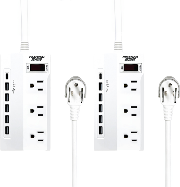 PRACTICAL 實用牌 1開3插電腦延長線 3孔 + 6USB PNA3136U-6, 白色, 2個, 1.8m