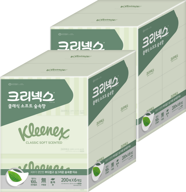 크리넥스 클래식 소프트 숲속향 천연펄프 미용티슈 2겹, 200매, 12개