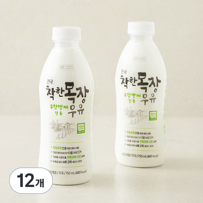 건국유업 무항생제 인증 착한목장 우유, 750ml, 12개