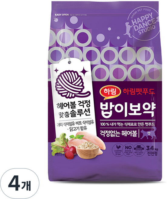 하림펫푸드밥이보약 고양이 기능성 사료, 4개, 3.4kg, 헤어볼