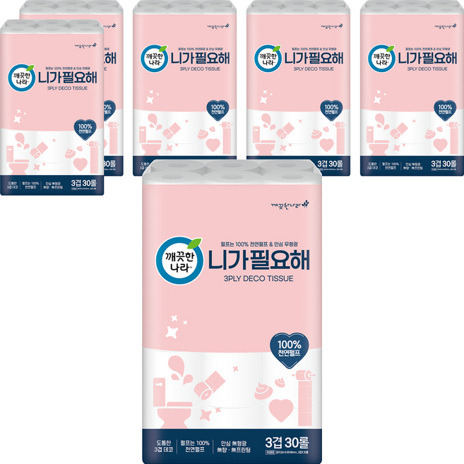 깨끗한나라 니가 필요해 천연펄프 3겹 고급롤화장지, 22m, 30롤, 6개