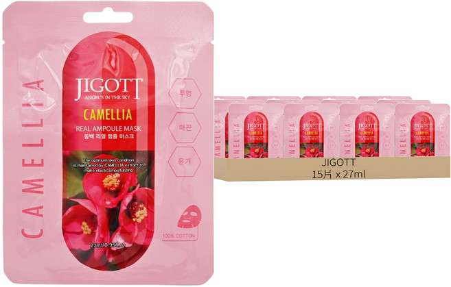 JIGOTT 鎖水保濕安瓶面膜 山茶花 潤澤肌膚 27ml, 15片, 1組
