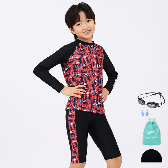 아쿠아티카 래쉬가드 선수용 수경 5종 세트 AQAJTP24002, 블랙(래쉬가드, 수모, 수경), 랜덤발송(귀마개), MINT(비닐백)