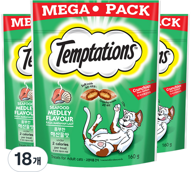 템테이션 고양이 스낵, 풍부한 해산물맛, 160g, 18개