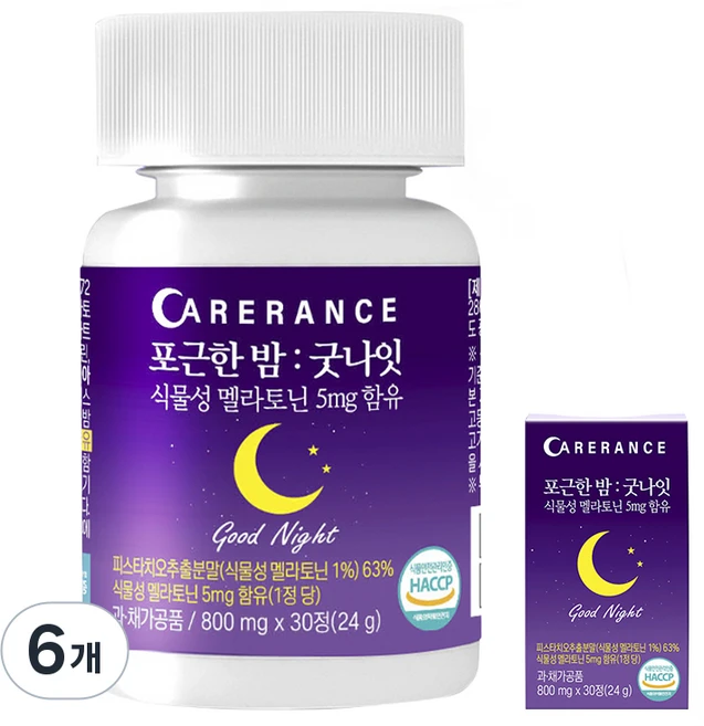 케어란스 포근한 밤 굿나잇 식물성 멜라토닌 5mg 함유, 6개, 30정 - 쿠팡