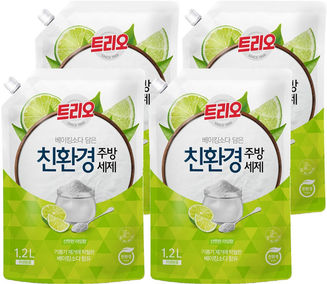 트리오 베이킹소다 담은 친환경 주방세제 라임향 리필, 1.2L, 4개