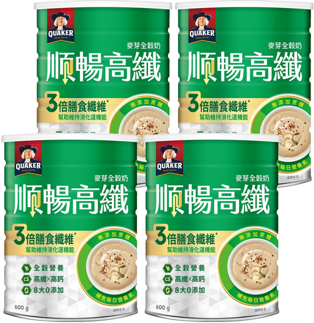 QUAKER 桂格 順暢高纖營養全穀奶, 600g, 4罐