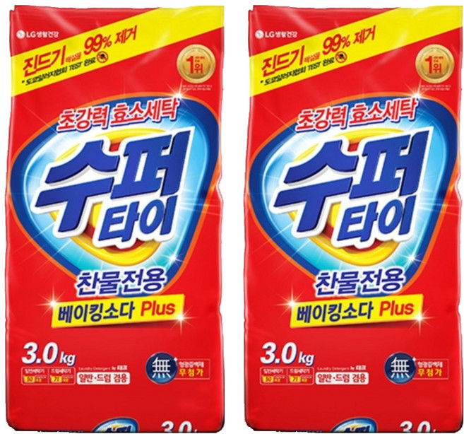 수퍼타이 찬물 전용 실내건조 분말 효소 세탁세제 일반드럼 겸용 리필, 3kg, 2개