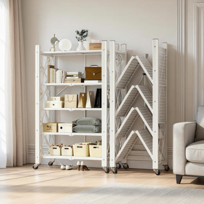 오브민 원터치 폴딩 이동식 수납 접이식 철제 선반, 화이트, 5단