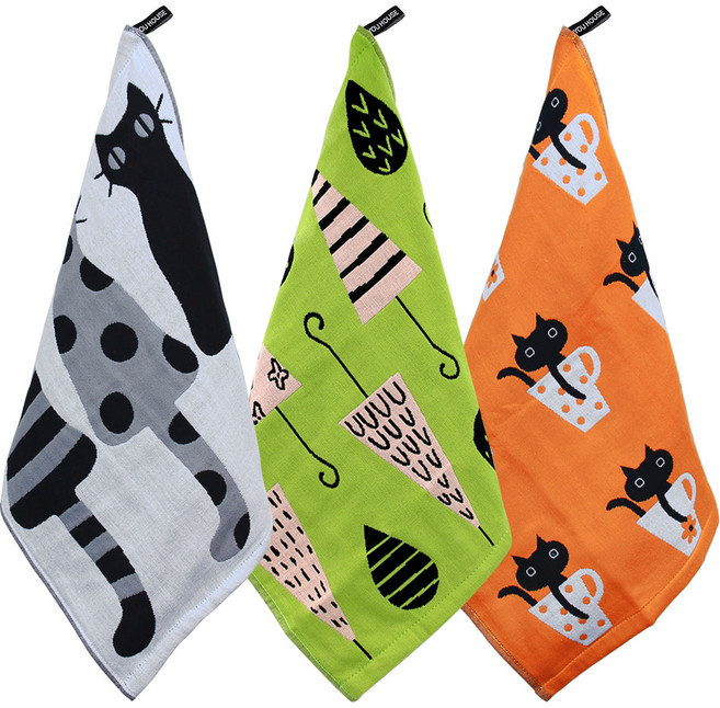 유하우스 북유럽풍 주방타올 3종 세트, 쓰리켓그레이 + 머그캣오렌지 + 빗방울그린, 1세트