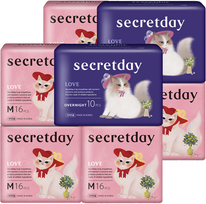 시크릿데이 날개형 생리대 러브 중형 16p x 3팩 + 러브 오버나이트 10p, 2세트