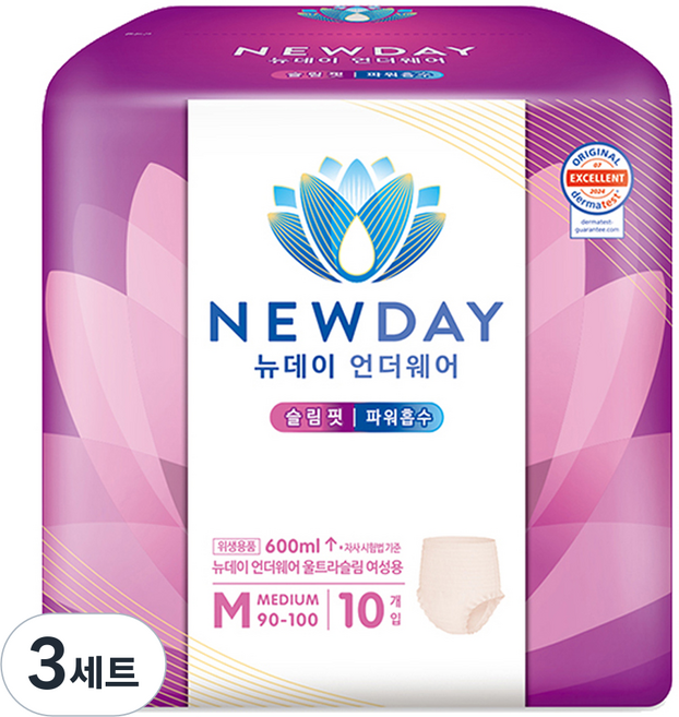 뉴데이 여성용 언더웨어 울트라슬림 성인기저귀, 중형, 10매입, 3세트