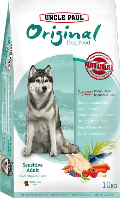 UNCLE PAUL 保羅叔叔 田園生機低敏成犬飼料 益菌 + 鳳梨酵素 + 菊糖 + FOS, 室內犬/消化道健康, 10kg, 1袋