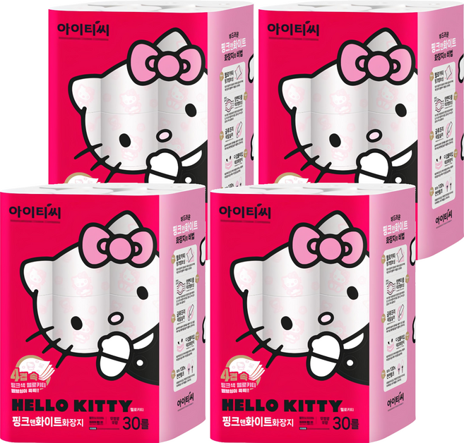 ITC 헬로키티 핑크앤화이트 천연펄프 4겹 화장지, 20m, 30개입, 4개