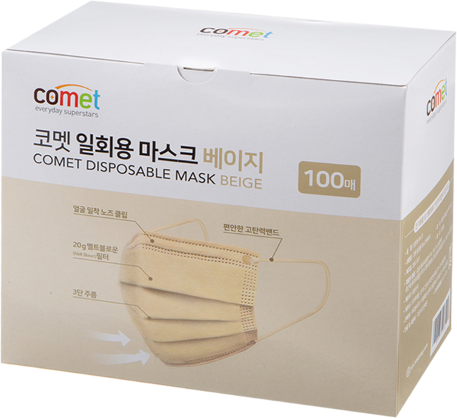 Comet 成人平面口罩, 米色, 100片, 1盒