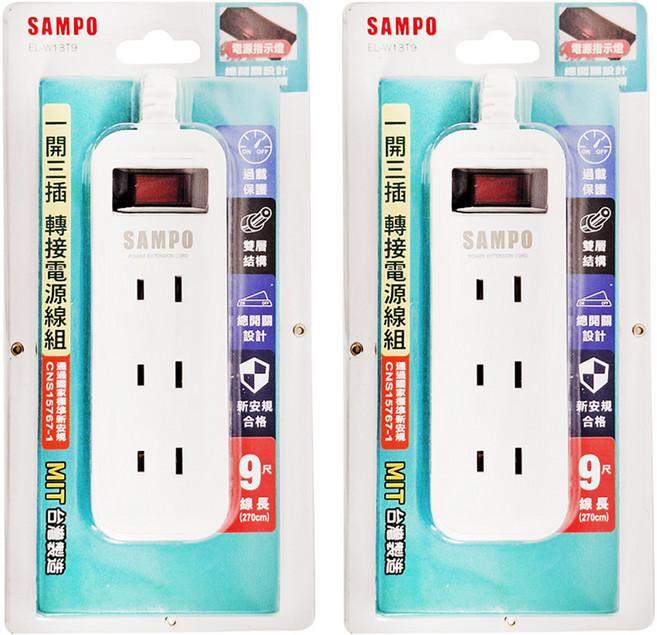 SAMPO 聲寶 一開三插轉接電源線組 2孔, 2.7m, 白色, 2條